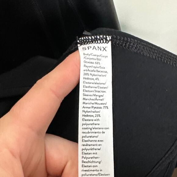 SPANX Drape Front Jacket Black Ponte Faux Leather Sz XS {3N27} - Picture 6 of 7